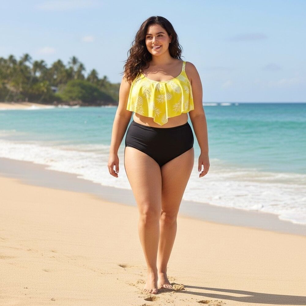 Torrid Wireless Bikini Top 3X Yellow Pineapple Flounce Swim Resort Vacation EUC
